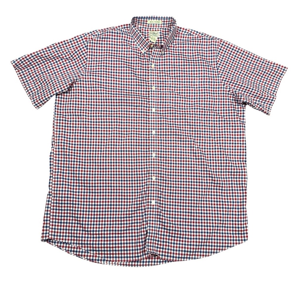 LL Bean Mens XXL Red White Blue Gingham Plaid Short Sleeve Button Down Shirt